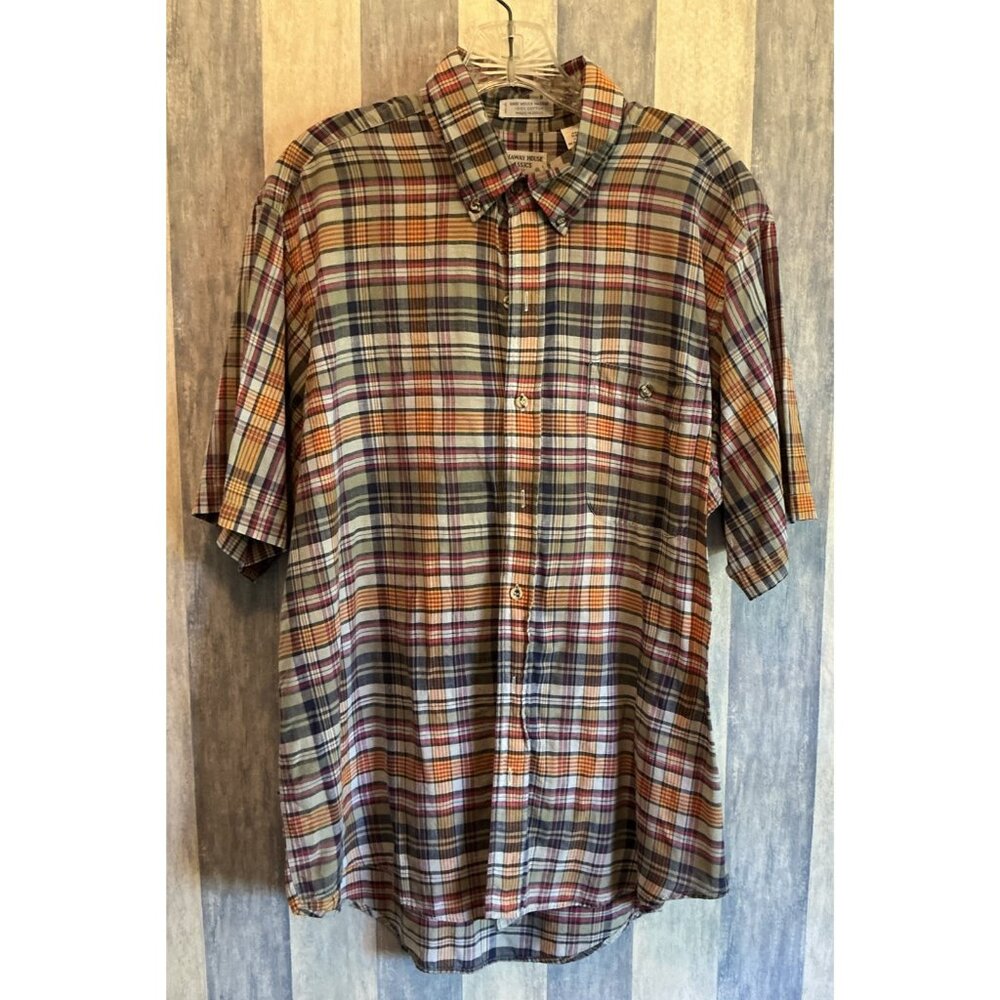 HATHAWAY Shirt Mens L 100% Madras Plaid Button Down Short Sleeve Summer VTG Fall